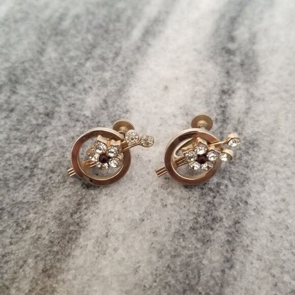 Vintage Karu Rhinestone Flower Clip On Earrings, Screw Backs, Retro Estate - Picture 2 of 6